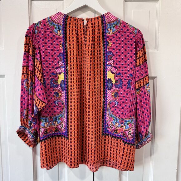 BHANUNI Anthropologie Viscose Emilia Peasant Vibrant Pink Oversize Beaded Top XS - Picture 3 of 14